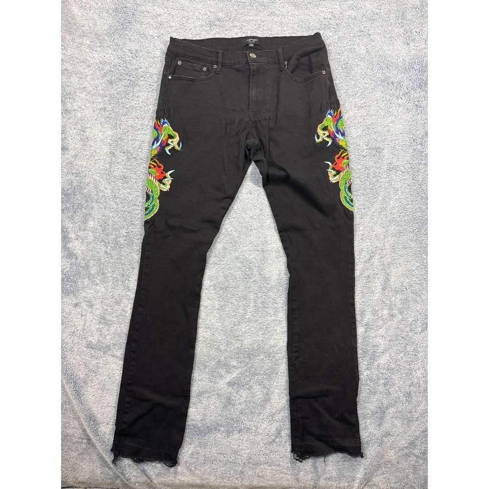Ed Hardy Mens 32 Black Jeans Dragon Embroidered MEHD8303-1 Tattoo Streetwear